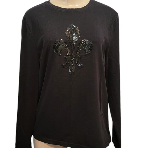 Talbots Tops - TALBOTS Black Cotton Stretch Top Fleur De Lis Sequins Saints Long Sleeve Top